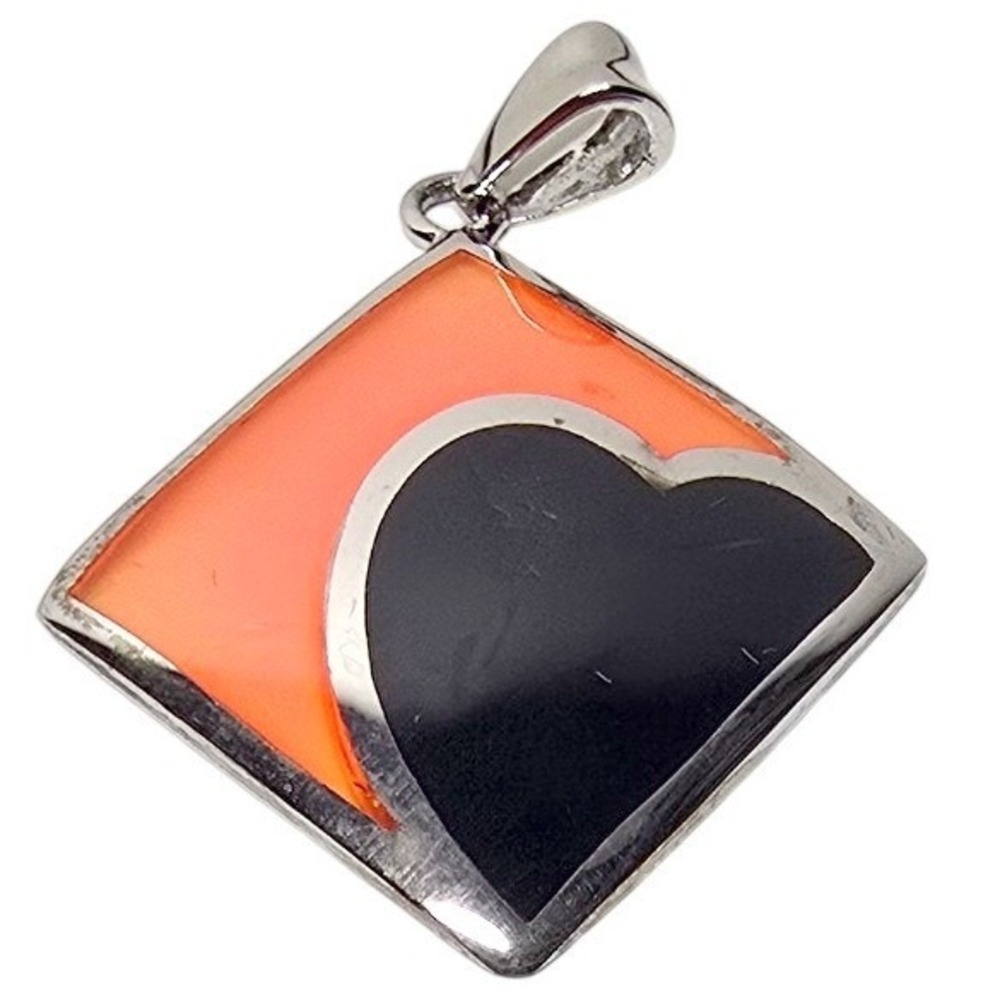 Modernist Square Heart Pendant Orange‎ Black Enamel Silver Tone Geometric Charm